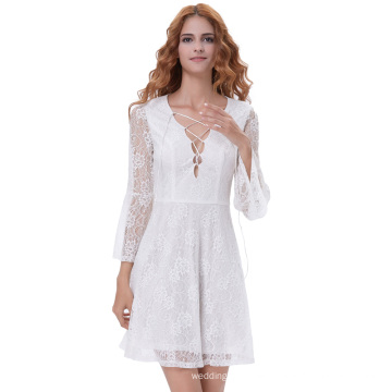 Kate Kasin Sexy Womens Lace up Plunging V-Neck Bell Sleeves Ivory Lace Dress KK000639-1